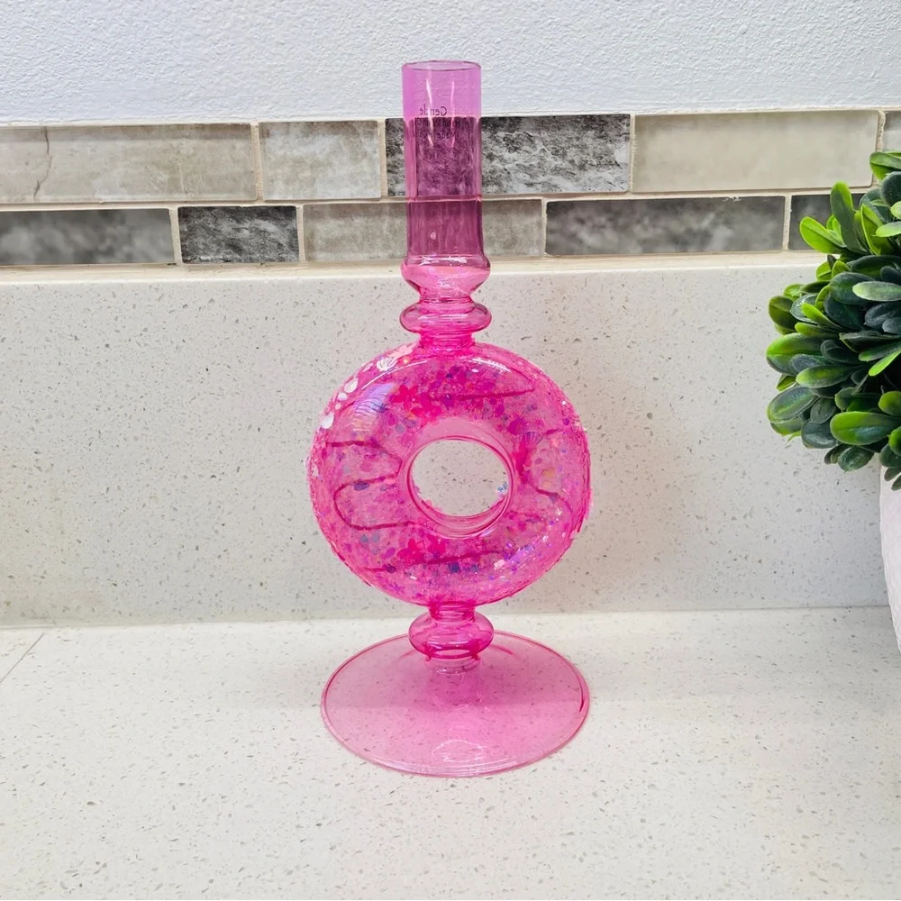 NEW Pink Glass Donut Taper Candle Holder Glitter‎ Sequin Accents Kitsch Decor